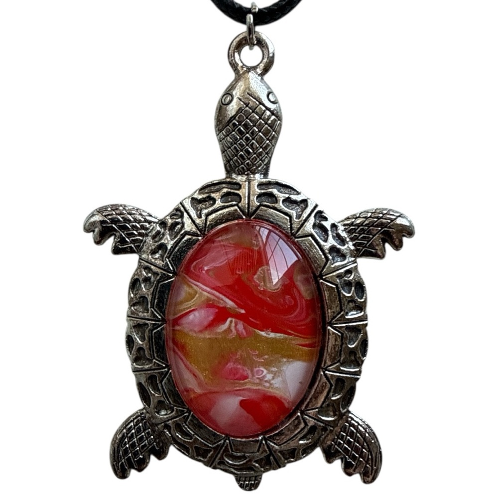 Hand Crafted Turtle Necklace Red and Gold Fluid Art Pendant by Svetlana Yeung